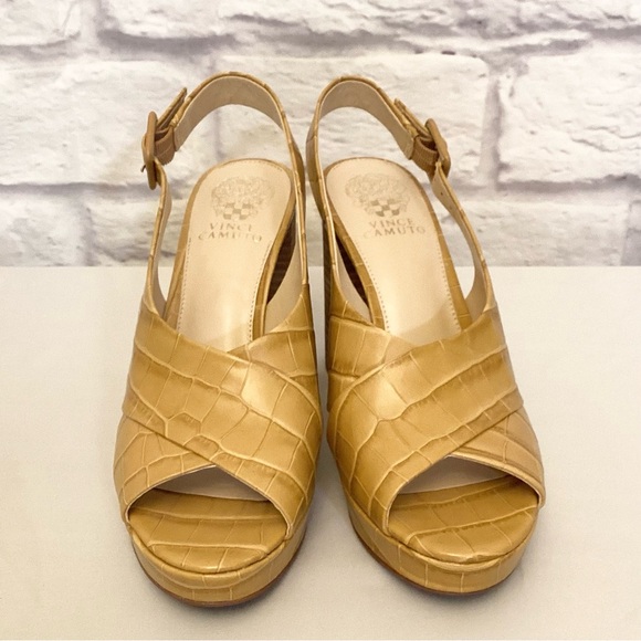 Vince Camuto 9 Javasan Caramel Croc Leather Women’s Sandals Heels Chunky Shoes - Picture 5 of 13